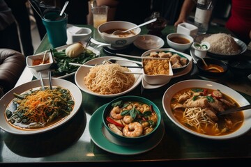 Table of Thai restaurant foods featuring green dishes, Pad See Ew noodles, and Tom Yum Goong soup. Generative AI - obrazy, fototapety, plakaty