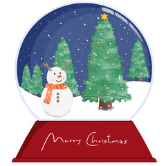 Snow falling in a snowball with Christmas tree and snowman