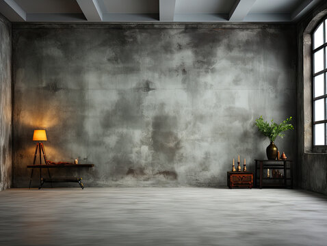 In a soft gray studio room background, a grey floor backdrop with a spotlight.