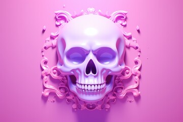 White Skull With Purple Eyes on a Pink Background