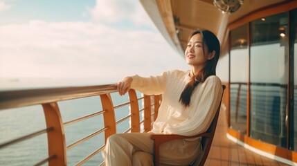 Beautiful Asian woman posing on a yacht - obrazy, fototapety, plakaty