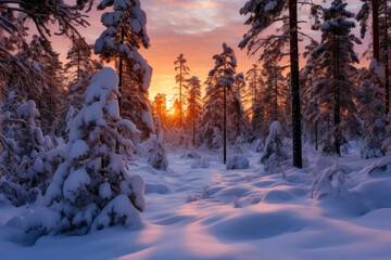 Frozen Silence: Evening in Pine Forest - obrazy, fototapety, plakaty