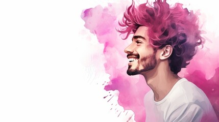 Smiling Adult Latino Man with Pink Curly Hair Watercolor Illustration. Portrait of Casual Person on white background with copy space. Photorealistic Ai Generated Horizontal Illustration.