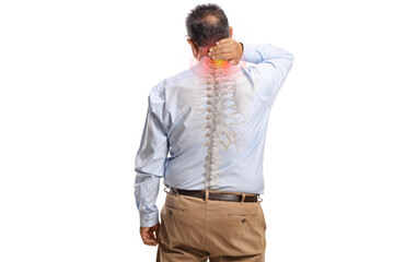 Rear view shot of a mature man with visible spine bone holding his stiff neck