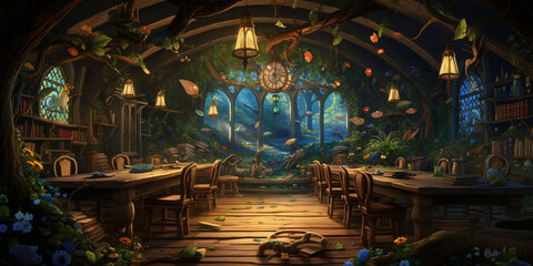 Fototapeta premium Interior of a fairy house with floral decoration and a fairy forest in the background. generative Ai