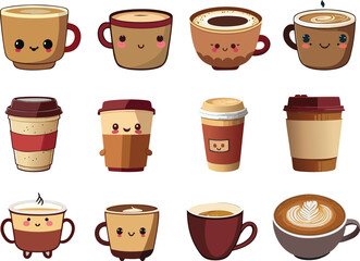 set of cute kawaii coffee cups