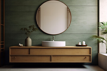 Minimalist japandi bathroom interior. Round mirror and wooden floating bathroom cabinet with a sink against green wall. 
