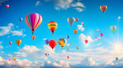 magine a vivid scene dominated by a brightly colored balloons soaring gracefully against a clear azure sky.