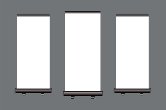 Creative illustration of empty roll up banners with paper canvas texture isolated on background. Art design blank template mockup. Concept graphic promotional presentation element