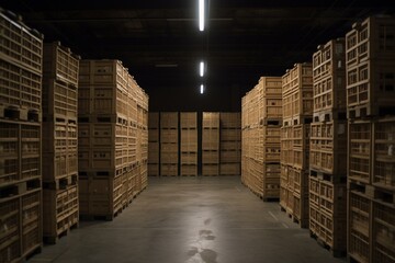 A big storage facility filled with crates. Generative AI