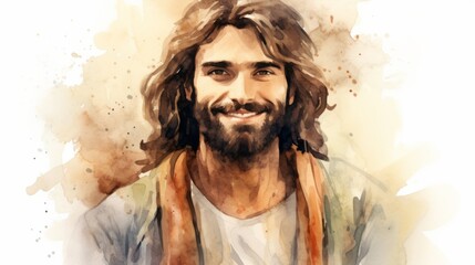 Smiling Adult Persian Man with Brown Straight Hair Watercolor Illustration. Portrait of Casual Person on white background with copy space. Photorealistic Ai Generated Horizontal Illustration.