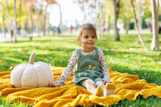 Cute little girl in an autumn park on grass. Toddler girl having fun outdoor. Autumn lifestyle photo for advertising tape.