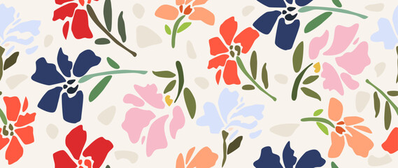 Vector seamless background. Minimalistic abstract floral pattern. Multicolored fashion print on a light background. Ideal for textile design, screensavers, covers, cards, invitations and posters. - obrazy, fototapety, plakaty