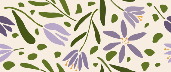 Vector seamless background. Minimalistic abstract floral pattern. Print of flowers and leaves on a light background. Ideal for textile design, screensavers, covers, cards, invitations and posters.