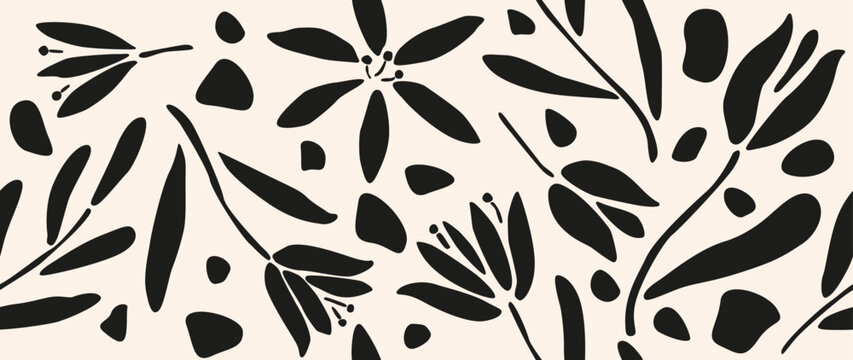 Vector seamless background. Minimalistic abstract floral pattern. Modern black print on a light background. Ideal for textile design, screensavers, covers, cards, invitations and posters.