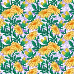 Fototapeta na wymiar Seamless pattern of yellow flowers on textured background 