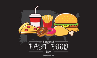 National Fast Food Day design concept. It features several types of fast food such as burger, chicken, pizza, soda and donut. Vector illustration