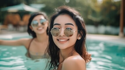 Young beautiful asian woman friends are swimming and joking in the pool - obrazy, fototapety, plakaty