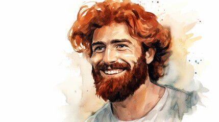Smiling Adult Persian Man with Red Straight Hair Watercolor Illustration. Portrait of Casual Person on white background with copy space. Photorealistic Ai Generated Horizontal Illustration.
