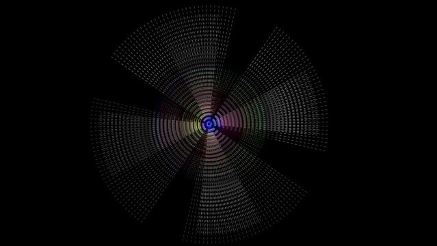 Multicolored smooth circular pattern like fan or engine,  rotating in opposite directions on black background