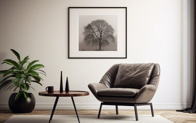 Picture frame with line art by a reading coffee table. AI, Generative AI