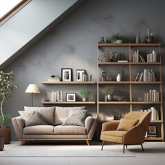 Generative AI,Living room interior with armchair, bookshelf and window. 3d render