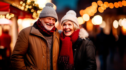 Happy senior couple enjoying christmas market, buying gifts. AI Generated