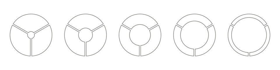 Wheels round divided, three sections. Diagrams infographic set. Circle section graph line art. Pie chart simple icons. Outline donut charts, pies segmented on 3 equal parts. Geometric vector elements.