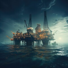 An offshore oil rig in the middle of the sea,offshore Jack Up drilling rig in The Middle of The Sea drilling offshore well for oil and gas production industry,Generative ai