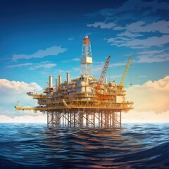An offshore oil rig in the middle of the sea,offshore Jack Up drilling rig in The Middle of The Sea drilling offshore well for oil and gas production industry,Generative ai