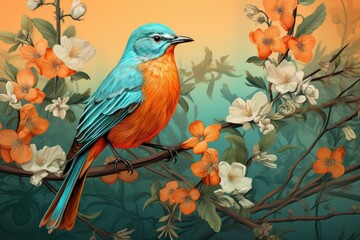 Bird Sitting on Branch Surrounded by Colorful Flowers