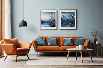 A sofa against the wall with two art posters