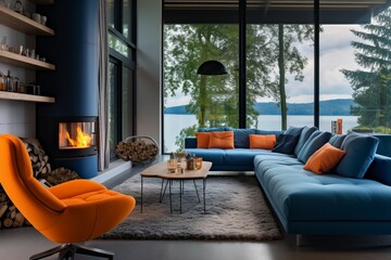 A bright blue chair and a cozy orange sofa