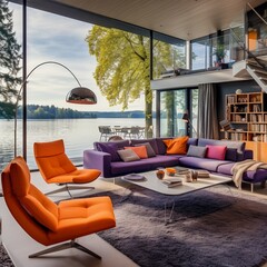 Bright orange chair and deep purple sofa