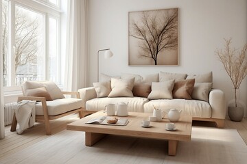 Cozy living room with elements of Scandinavian style soft sofa wooden accessories and neutral color palette