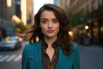 Obraz premium Woman in Blue Jacket Standing on Street