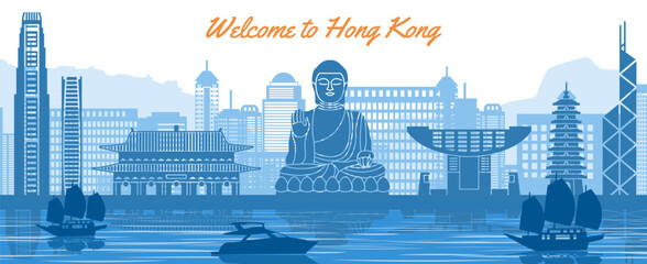 Hong Kong famous landmark silhouette style behind river,vector illustration