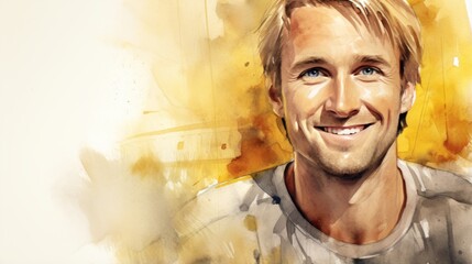 Smiling Adult White Man with Blond Straight Hair Watercolor Illustration. Portrait of Casual Person on white background with copy space. Photorealistic Ai Generated Horizontal Illustration.