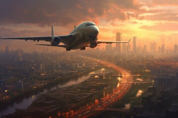 Aircraft landing near city. Generative AI - obrazy, fototapety, plakaty