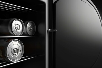A black fridge with a white can inside. Close-up shot. High-quality 3D artwork. Generative AI
