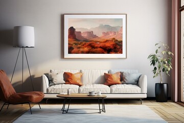 Mockup of framed artwork in a modern living room setting. Generative AI