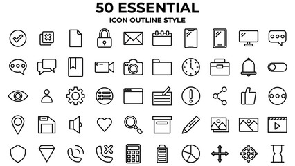 50 UI Essential Line Icons Outline Style.
