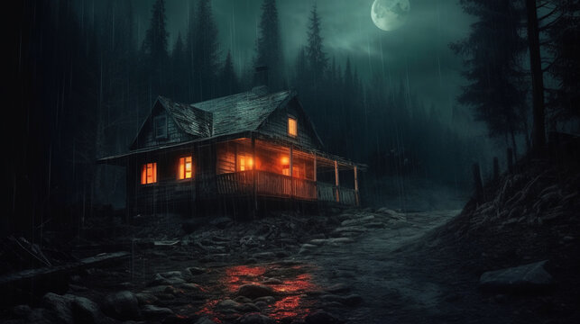 Dramatic A Haunting Gothic Horror of an Abandoned House in Forest Moon in Foggy Dark Background