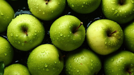 Group of Fresh Raw Organic Green Apples Fruits With Water Drops As Background Selective Focus