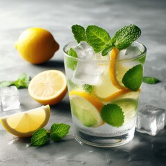 mojito cocktail with lime and mint cold water with ice and lemon photo