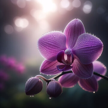 Photo of a solitary purple orchid, its petals glistening with morning dew, set against a blurred garden background