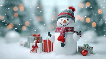 Fototapeta na wymiar Merry Christmas Greeting with Cute Snow Man Giving Gift in Outdoor For Winter Holiday Eve Background Selective Focus