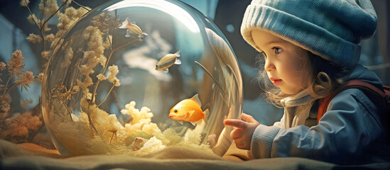 portrait of a child and fish bowl. AI generated. - obrazy, fototapety, plakaty