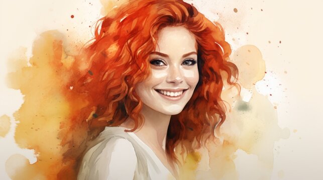 Smiling Adult White Woman with Red Curly Hair Watercolor Illustration. Portrait of Casual Person on white background with copy space. Photorealistic Ai Generated Horizontal Illustration.