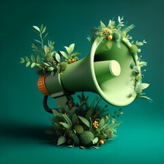 Illustration of megaphone covered with plants against green background. Generative AI. - obrazy, fototapety, plakaty
